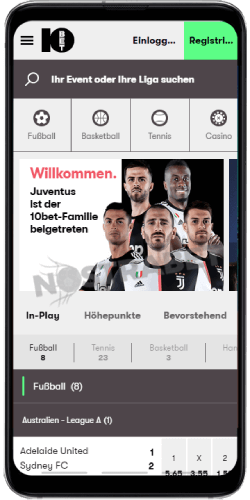 Die mobile Startseite von 10bet