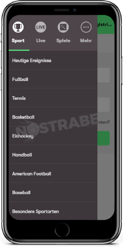 Mobiles Navigationsmenü von 10bet