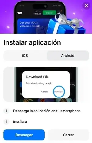 1win aplicación móvil para android