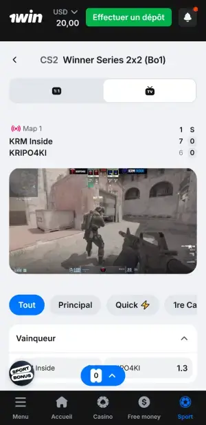 1Win paris en direct sur mobile