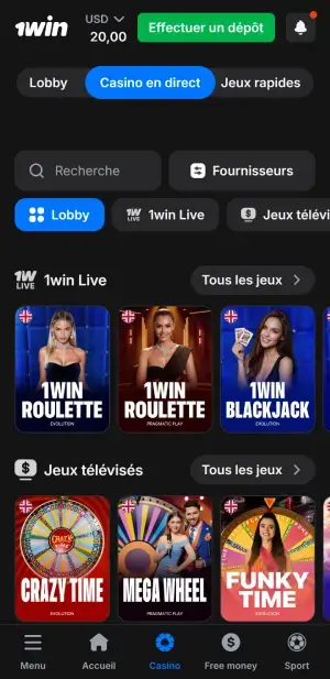 1Win casino en direct sur mobile