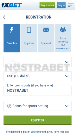 1xbet registration form mobile