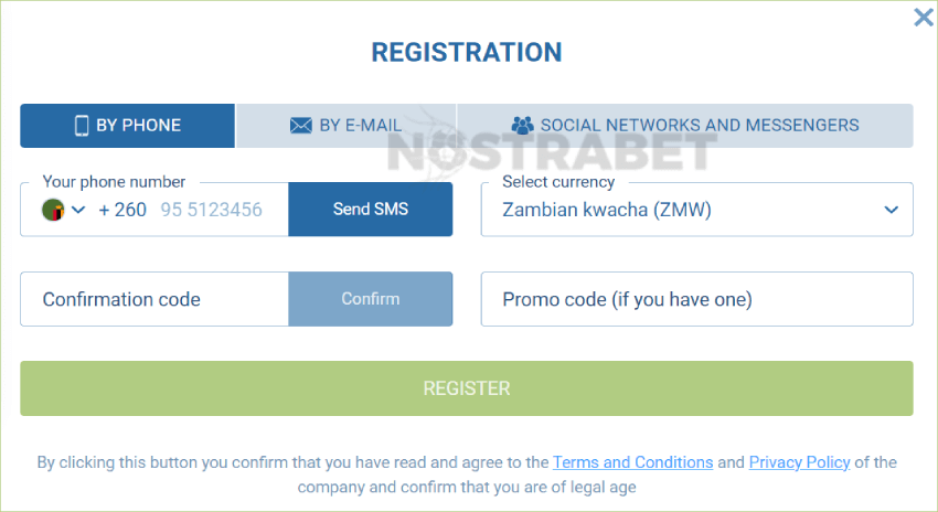 1xbet Zambia registration