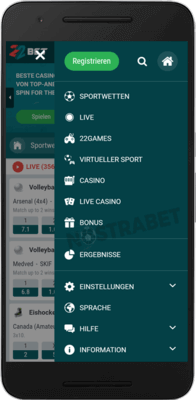 22bet adnroid applikation navigationsmenü
