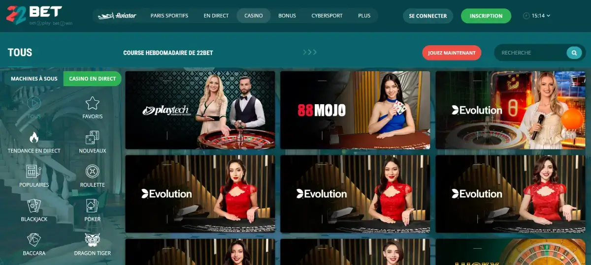 22bet jeux de casino