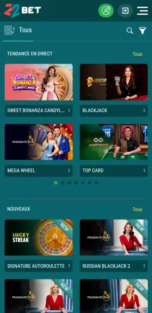 22bet casino en direct sur mobile