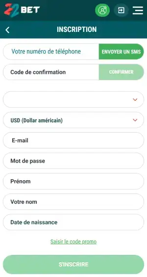 22bet inscription via mobile