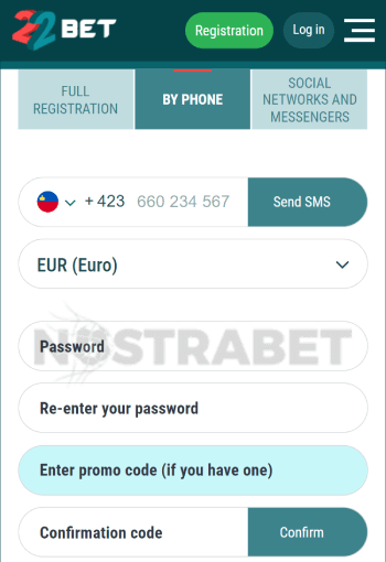 22bet registration by phone