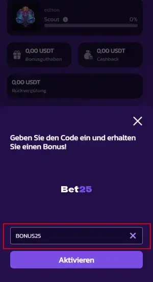Bet25 Bonuscode eingeben
