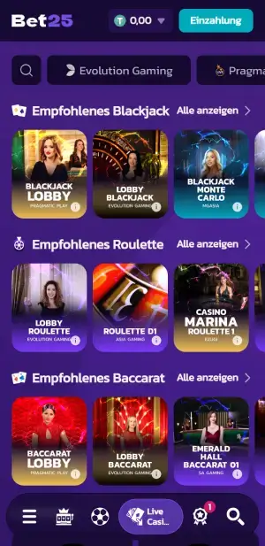 Bet25 mobiles Live-Casino