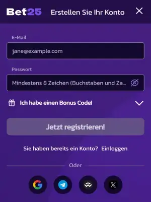 Bet25 mobile Registrierung
