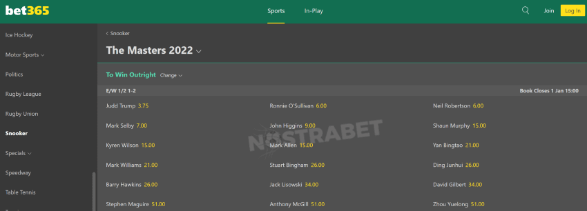 bet365 masters snooker betting