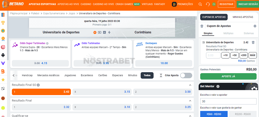 intervalo/final 1/1 betano