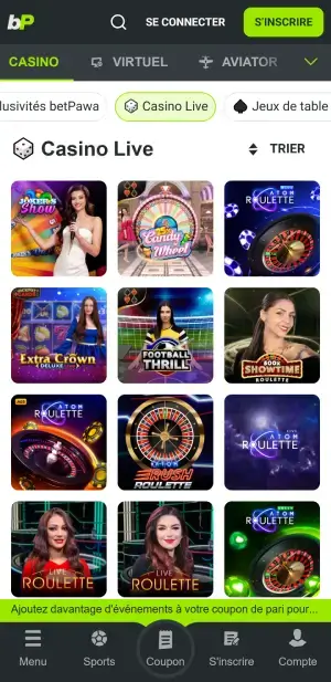 BetPawa casino en direct mobile