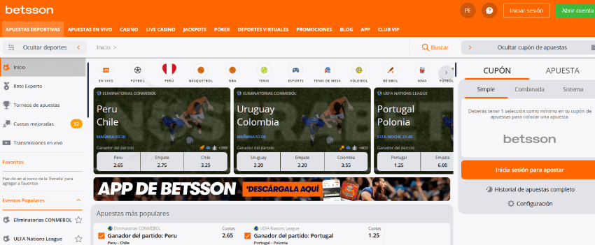 Betsson deportes página de inicio