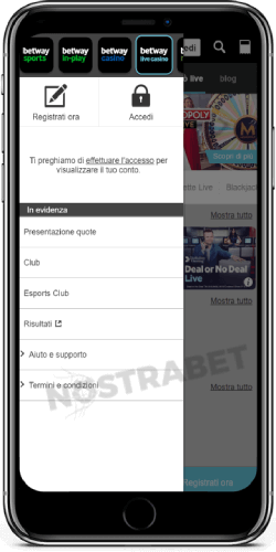 menu di navigazione dell'app betway ios