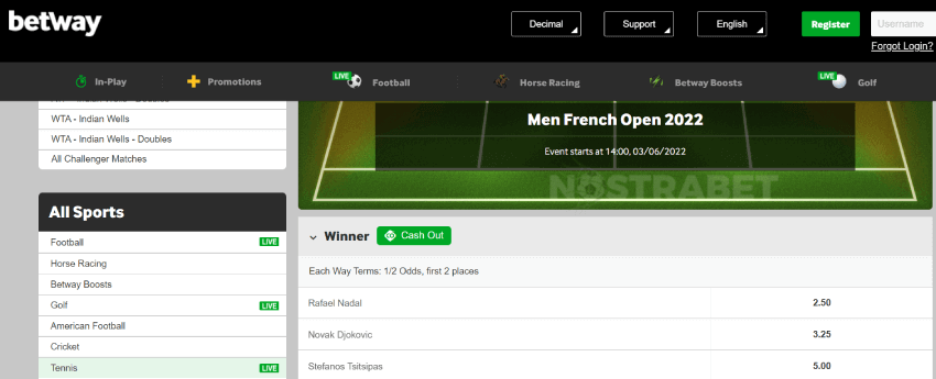 betway french open betting