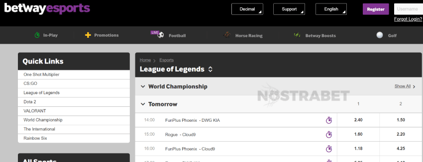 betway league of legends betting