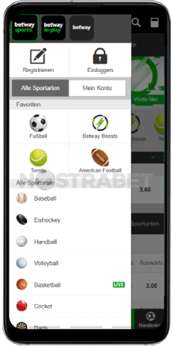 Betway-Menü für die Android-App