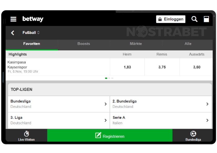 Mobile Version von betway für Tablet