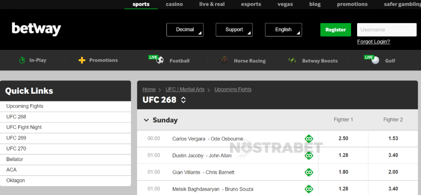 betway ufc betting