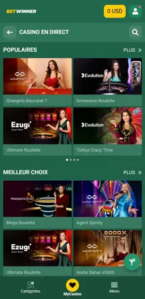 Betwinner casino en direct sur mobile