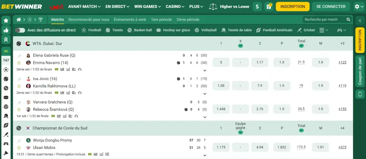 Page d'accueil Betwinner Sports