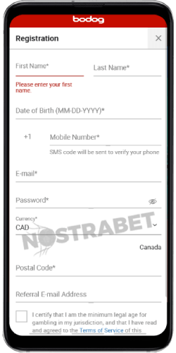 Bodog Register on Android