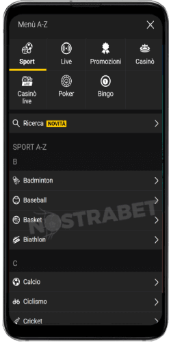 menu sportivo dell'app bwin per Android