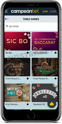 Campeonbet Casino Table Games on iOS