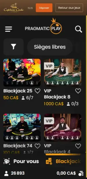 Captain Cooks casino en direct mobile