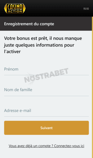 Casino Action enregistrement mobile