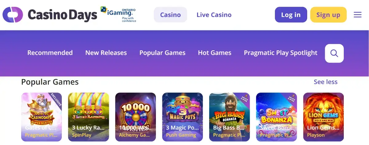 Casino Days game selection ontario