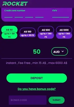 casino rocket bonus code enter