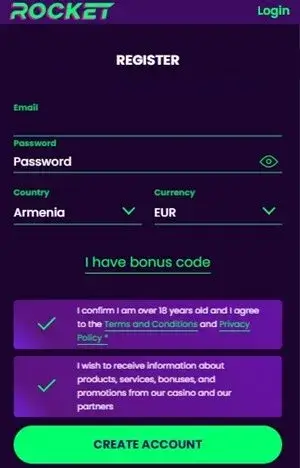 casino rocket registration steps