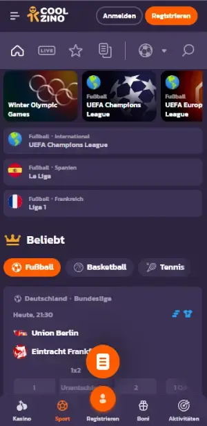 Coolzino Sportwetten Bereich
