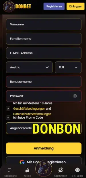 Donbet, gib den Promo-Code ein