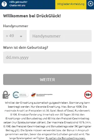 DrueckGlueck Registrierung