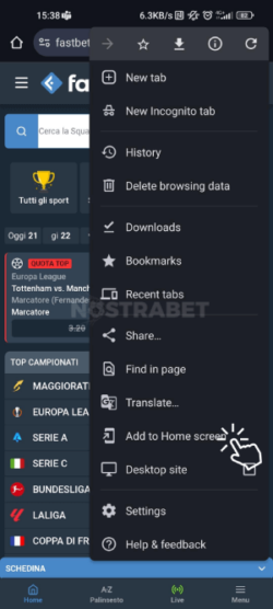 Fastbet aggiungi alla home page su Android