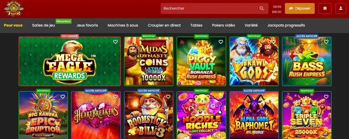 page d'accueil des jeux de casino golden tiger