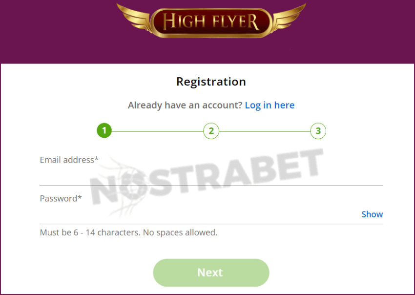 High Flyer casino registration form