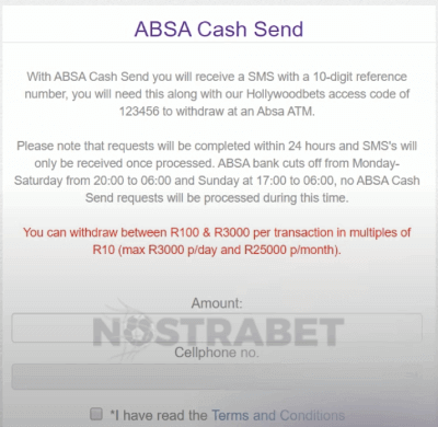 hollywoodbets withdrawal via ABSA Cash send