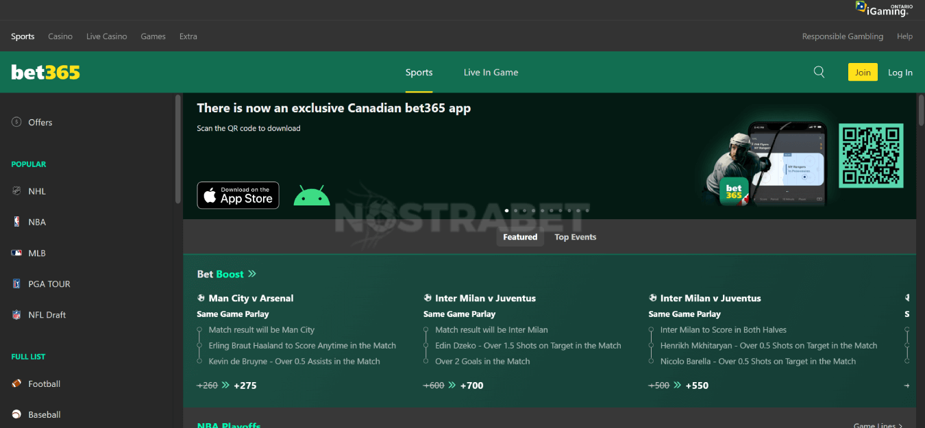 homepage of bet365 Ontario