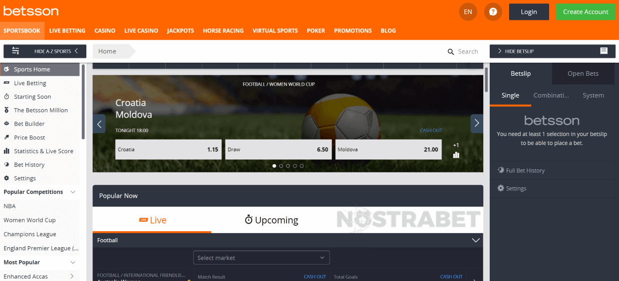 homepage of betsson