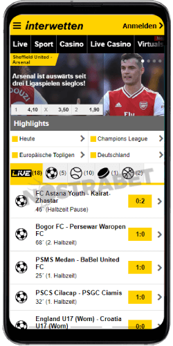 Die mobile Startseite von Interwetten