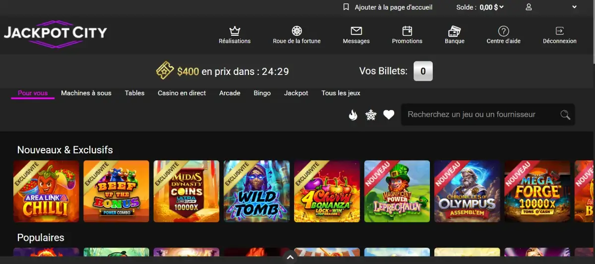 Jackpot City page d'accueil du casino