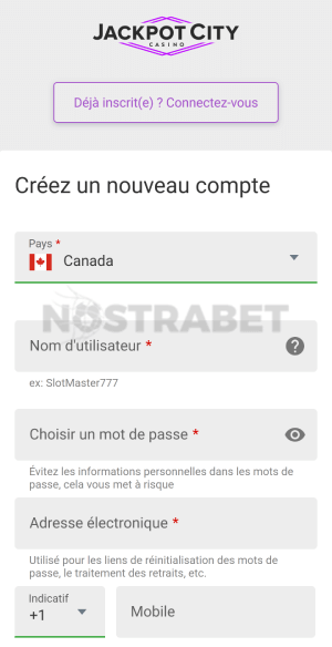 Jackpot City mobile enregistrement