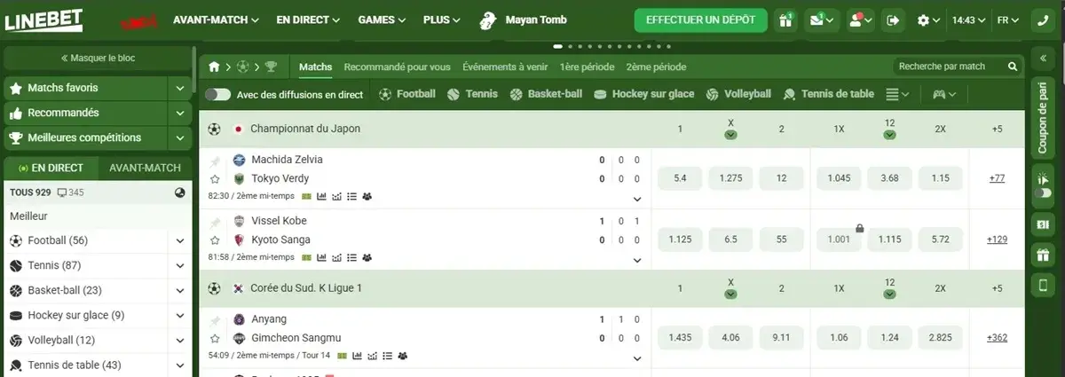 page d'accueil du sport linebet