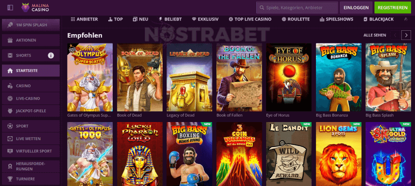 Malina Casino Homepage