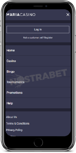Maria casino mobile menu on iOS